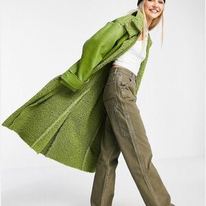 Bright Green Longline Aviator Faux Leather and Fur Coat from Collusion